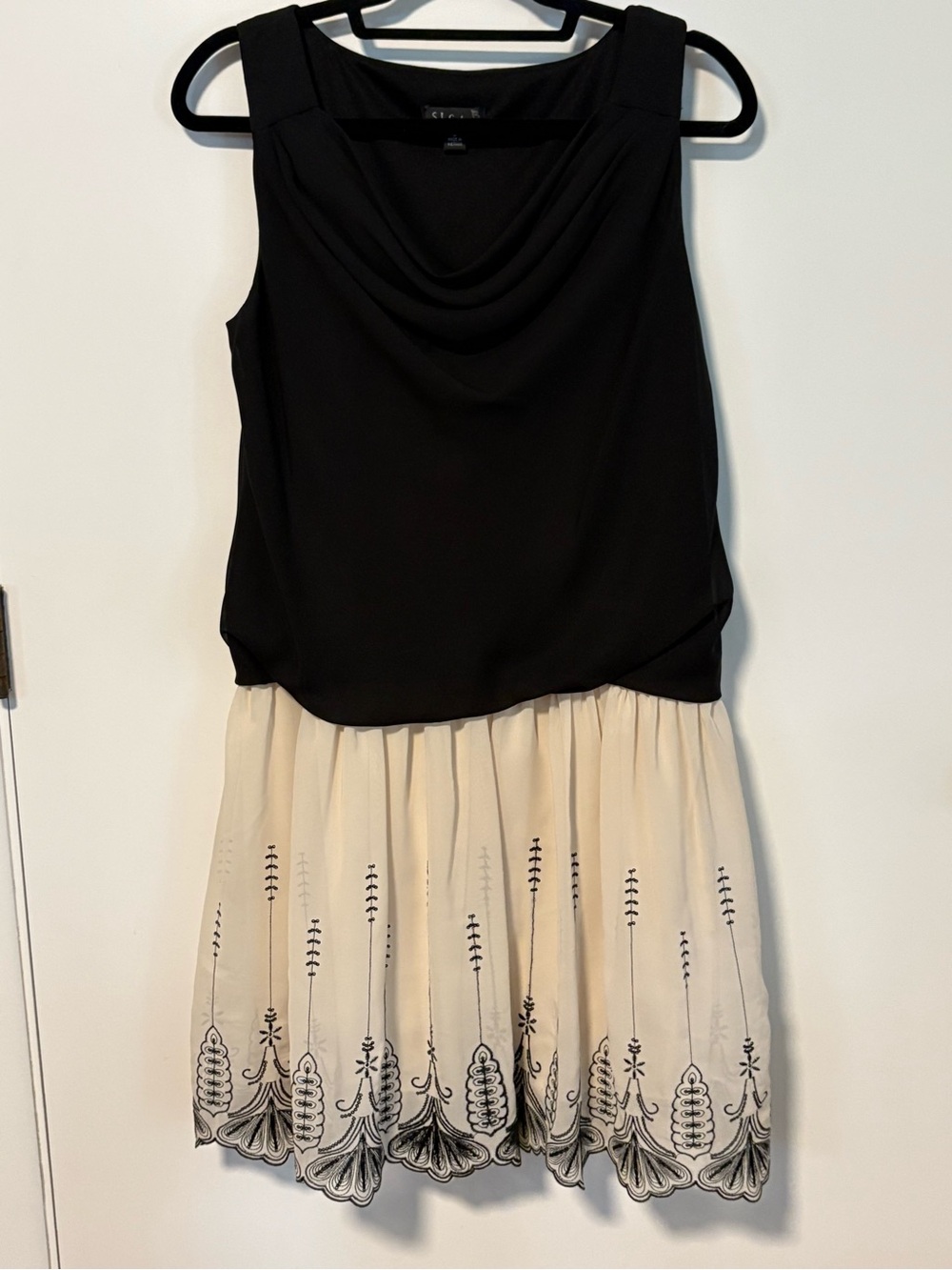S.L. Fashions Black and Cream Sleeveless Drop-Waist Embroidered Mini Dress